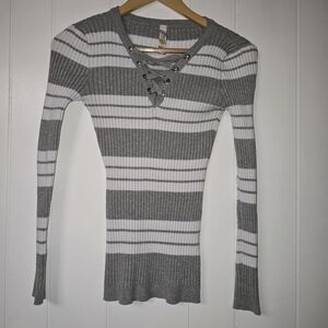 TRUE ROCK Gray and White Striped Ribbed Lace-Up Long Sleeve Top